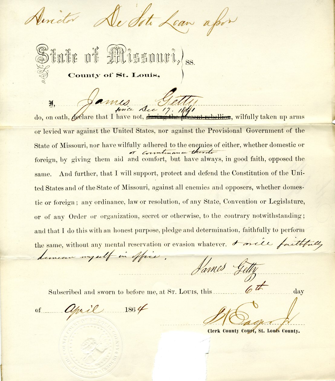 Juramento de lealtad de James Getty de Missouri, Condado de St. Louis de J. Getty