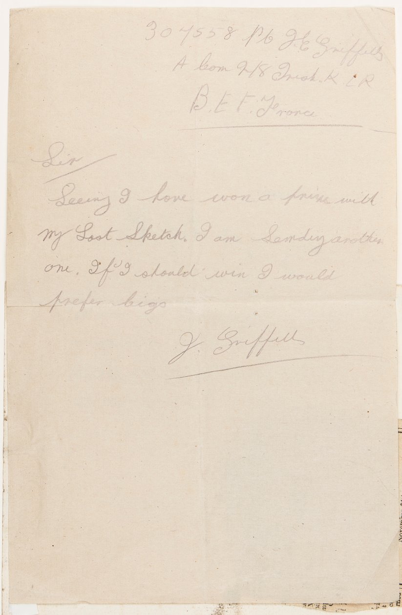 Carta al editor del concurso del Liverpool Weekly Courier, 1917 de J. Griffiths