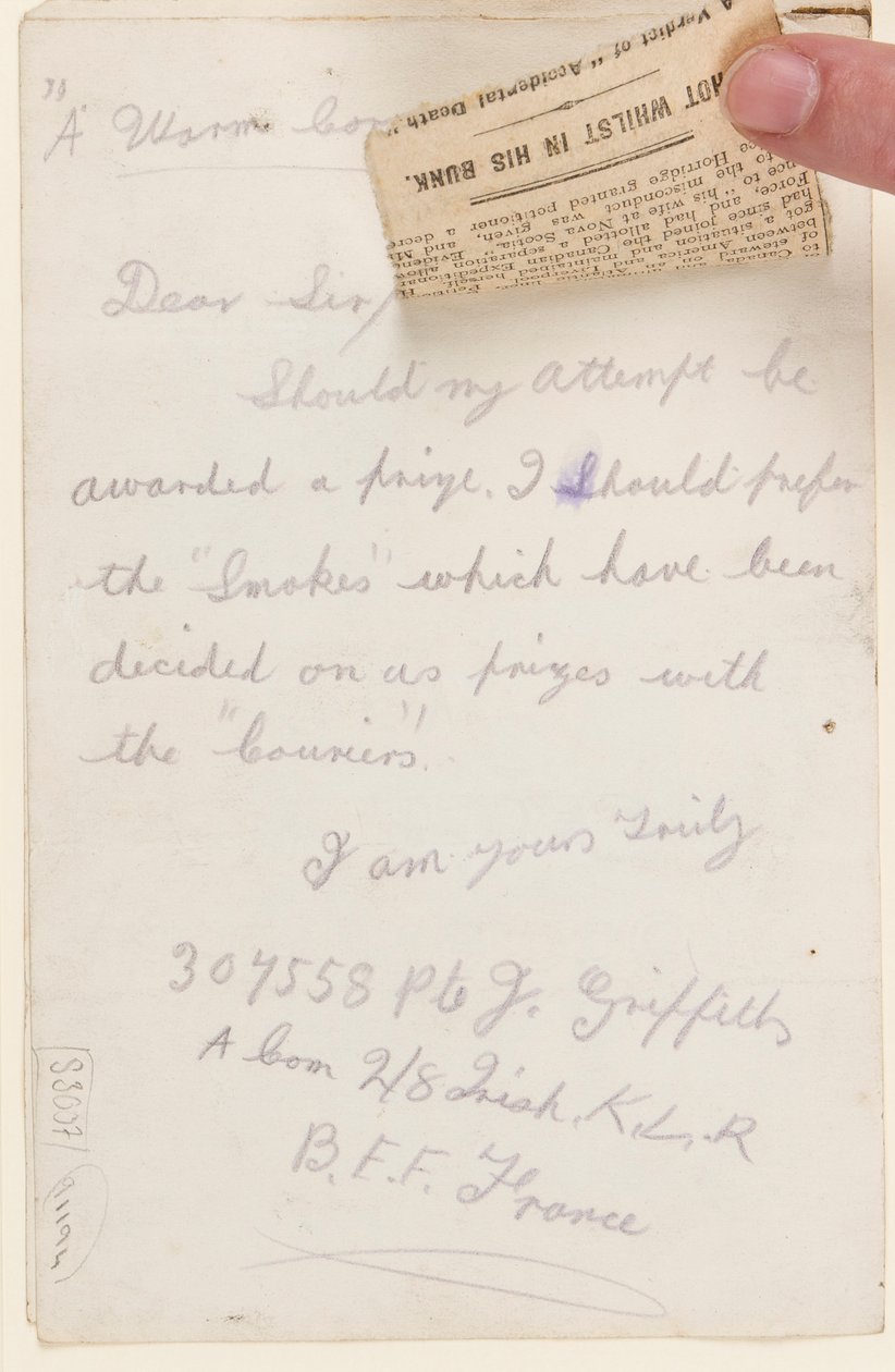 Carta al editor del concurso del Liverpool Weekly Courier, 1917 de J. Griffiths