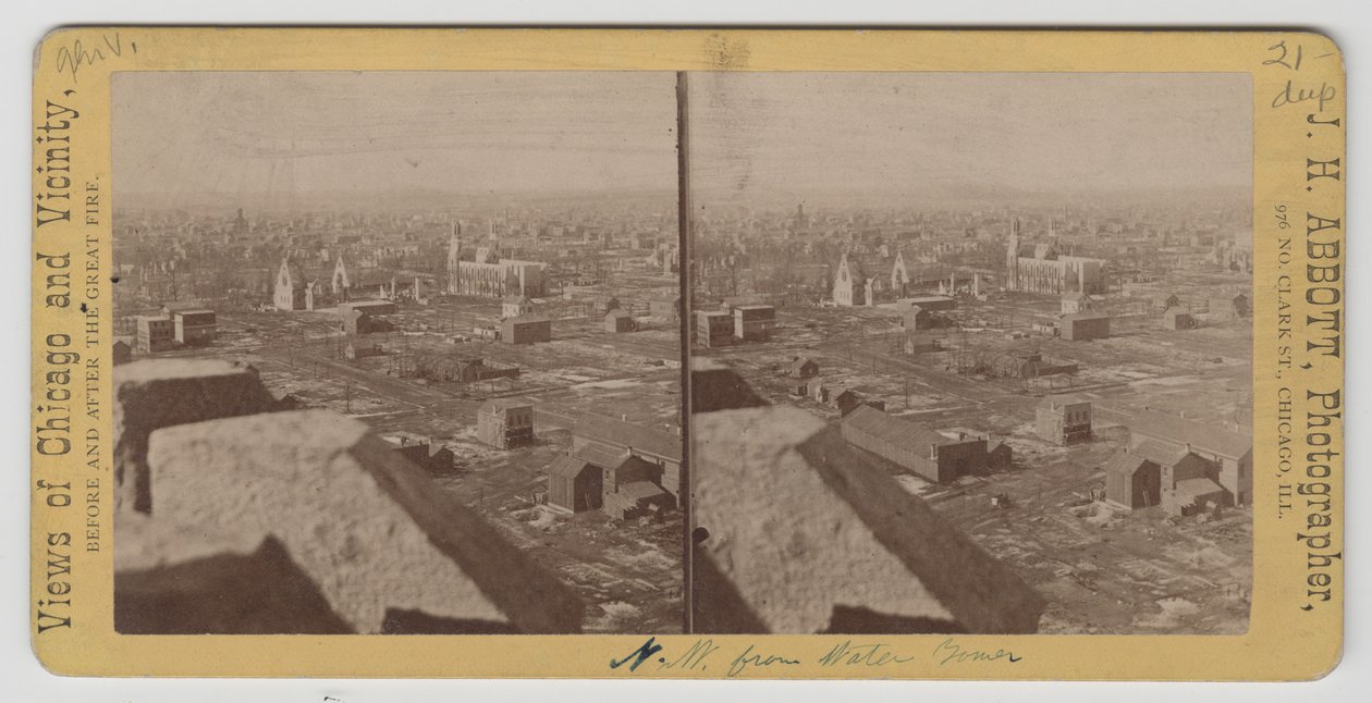 Vista estereográfica hacia el noroeste desde la Torre de Agua después del incendio de Chicago de 1871 de J. H. Abbott