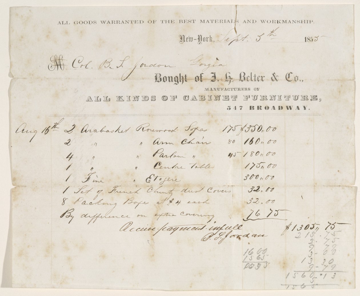 Factura de venta al Coronel B. S. Jordan, 5 de septiembre de 1855 de J. H. Belter and Co. J. H. Belter and Co.