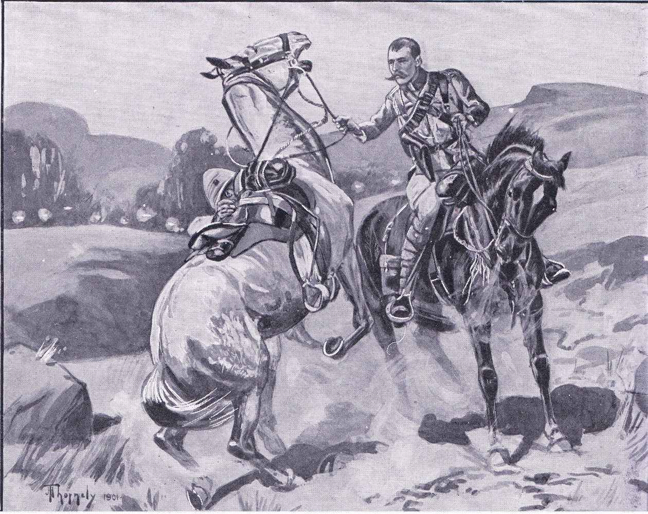 El mayor Brown, 14º de Húsares, sosteniendo el caballo del teniente Brown bajo fuego intenso (ilustración de After Pretoria: The Guerilla War, 1902) de J. H. Thorneley