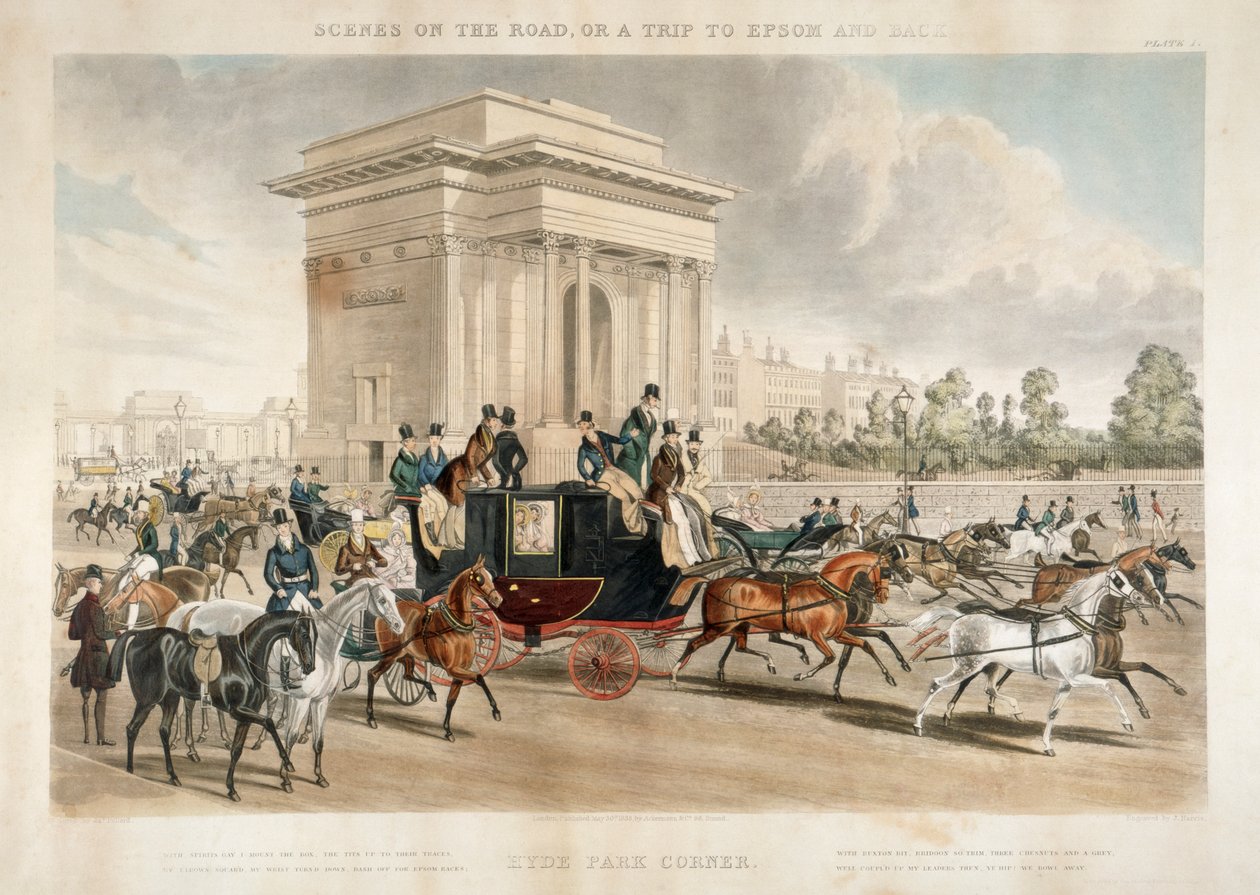 Carruajes tirados por caballos en Hyde Park Corner, Londres de J Harris