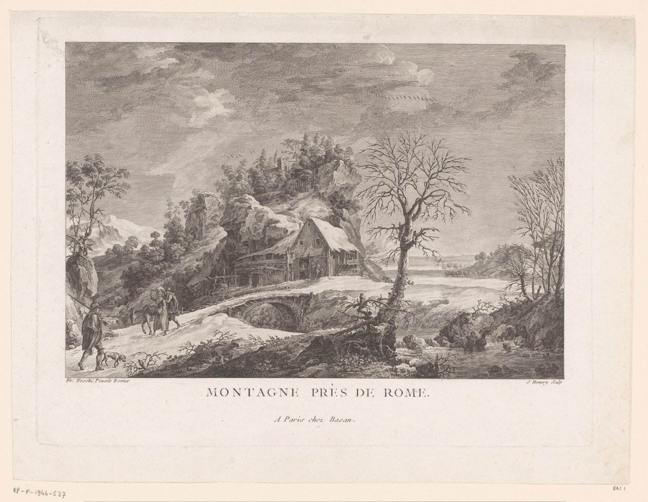 Vista de una casa cerca de un puente con figuras. Montagne près de Rome (título sobre objeto) de J. Hémery