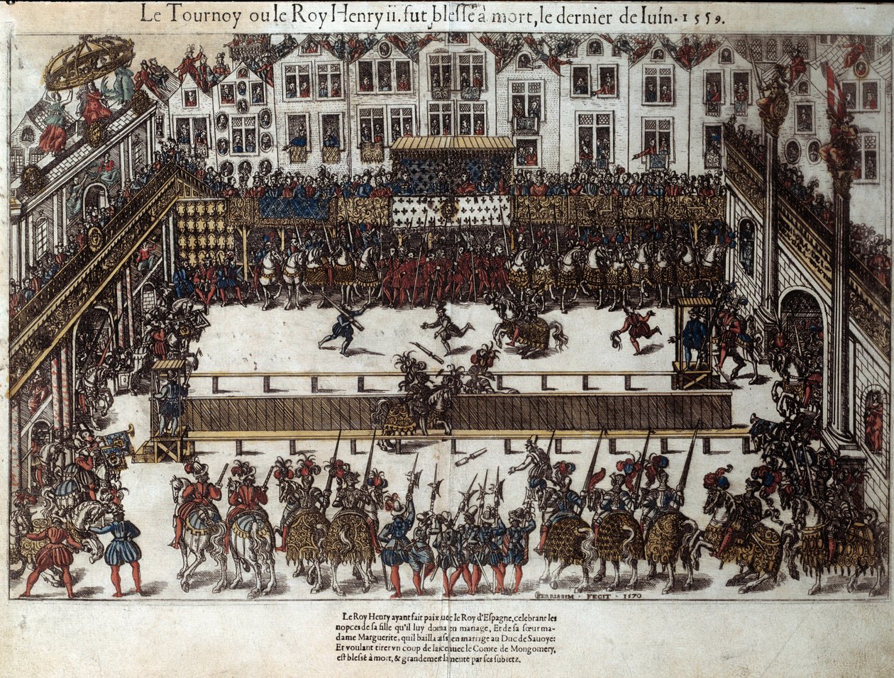 Torneo y muerte de Enrique II (30 de junio de 1559): en la boda de su hija (actualmente Place des Vosges) luchó contra Gabriel de Montgomery, capitán de su Guardia Escocesa, quien lo hirió con una lanza en el ojo. Grabado del siglo XVI por Pe. de J. J. and Tortorel J. (fl.1568 92) Perrissin