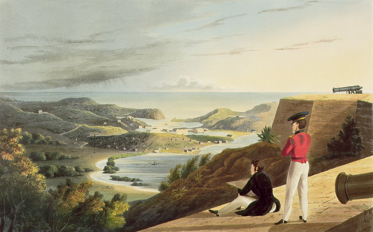 Vista del Puerto Inglés, Antigua desde el Fuerte Great George, Monks Hill, grabado por T. Fielding, pub. por T. y G. Underwood, 1827 de J. Johnson