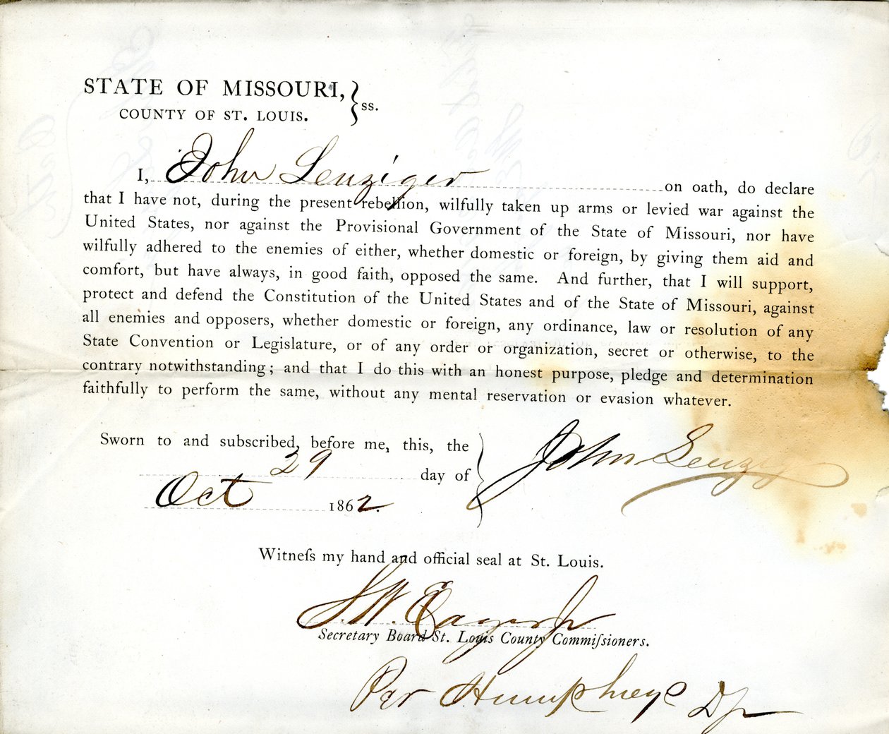 Juramento de lealtad de John Leuziger de Missouri, Condado de St. Louis de J. Leuziger