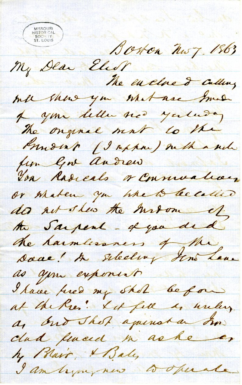 Carta firmada por J.M.F. [J.M. Forbes], Boston, a Eliot [William G. Eliot], 7 de noviembre de 1863 de J. M. Forbes