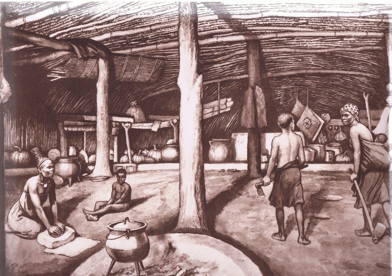 Interior de un kraal kafir, de los carteles de la escuela MacMillan, c.1950-60s (litografía) de J. Macfarlane