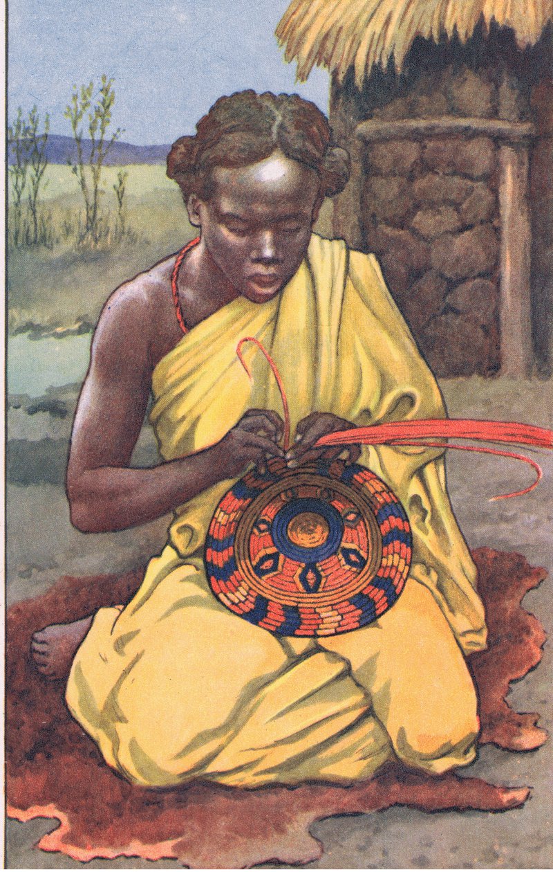El trabajador de la rafia, de los carteles escolares de MacMillan, c.1950-60s (litografía en color) de J. Macfarlane