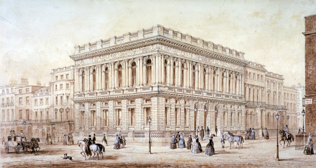 Vista del Army and Navy Club en Pall Mall, Westminster, Londres, c. 1853 de J Marchant
