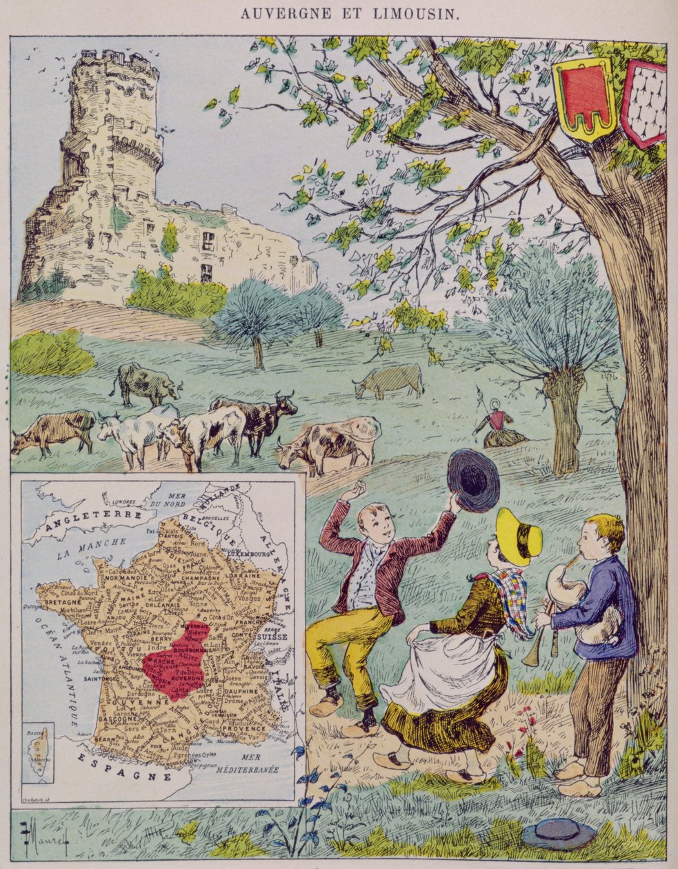 Auvernia y Lemosín, ilustración para Le Tour de France por Marie de Grandmaison, 1893 de J. Maurel