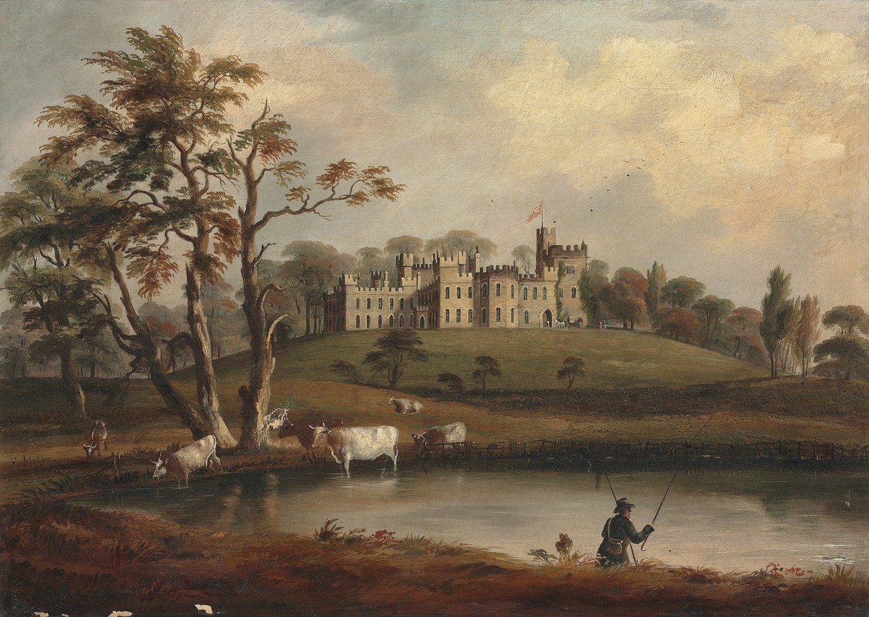 Vista del castillo de Hornby, Yorkshire, con un pescador y ganado en las orillas del río Wenning de J. Miller