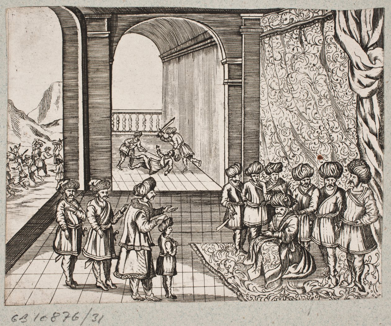 Ilustración para Adam Olearius, "Persianischer Rosenthal von einem Sinnreichen Poeten Schich Saadi [...]", Schleswig 1660 de J. Muller