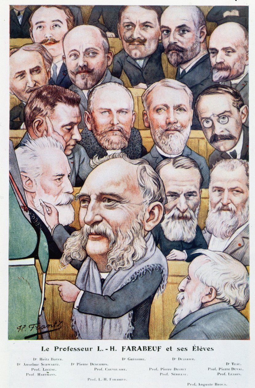 Profesor Luis Hubert Farabeuf (1841-1910) y sus estudiantes, de Chanteclair, c.1910 de J P. Frantz