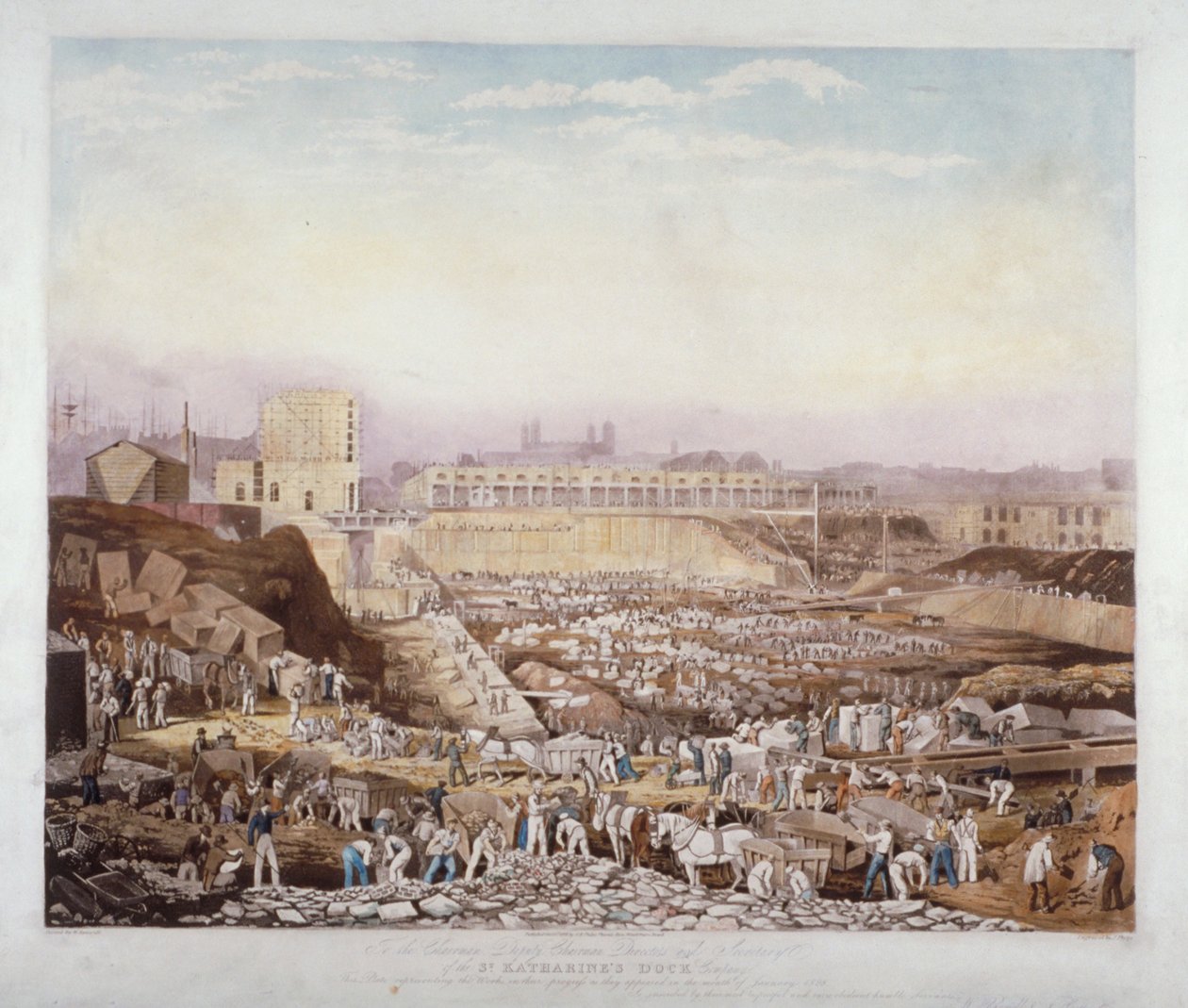 Vista de las obras de construcción en el muelle de St Katherine, Stepney, Londres, enero de 1828 de J Phelps