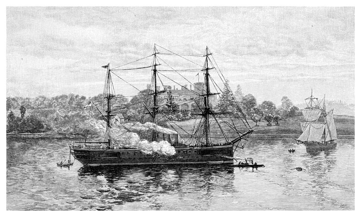 Casa de Gobierno y HMS Nelson, Sídney, Nueva Gales del Sur, Australia, 1886 de J. R. Ashton