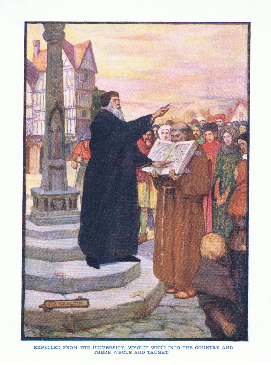 Expulsado de la universidad, Wyclif se fue al campo y allí escribió y enseñó, de Literatura Inglesa pub. por T C & EC Jack, c.1920 de J. R. Skelton