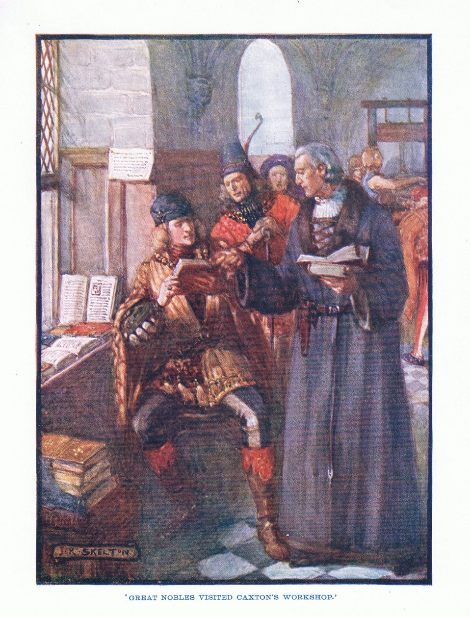 Grandes nobles visitaron el taller de Caxton, de Literatura Inglesa pub. por T C & EC Jack, c.1920 de J. R. Skelton