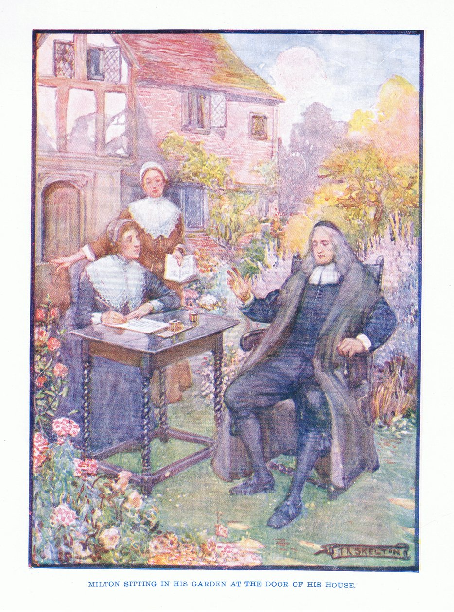 Milton sentado en su jardín en la puerta de su casa, de Literatura Inglesa pub. por T C & EC Jack, c.1920 de J. R. Skelton