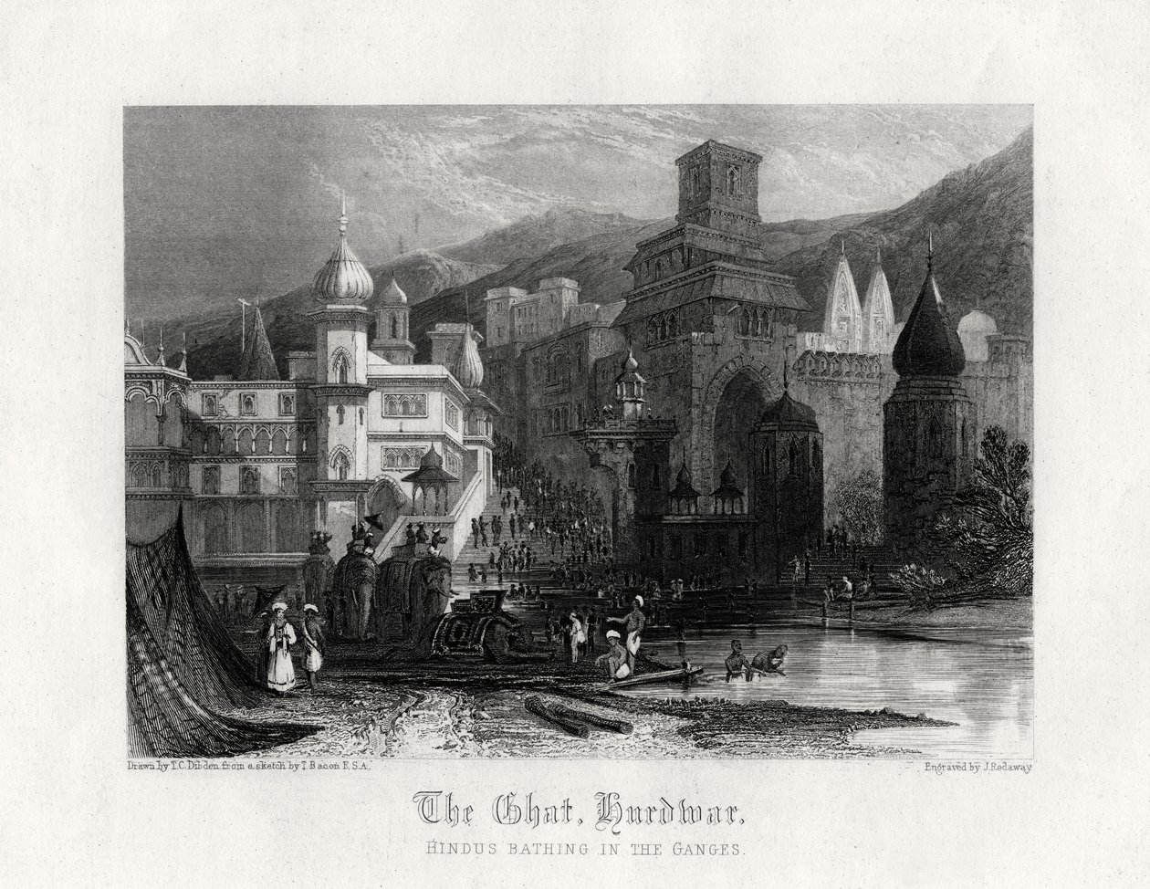 El Ghat, Hurdwar, hindúes bañándose en el Ganges, siglo XIX de J. Redaway