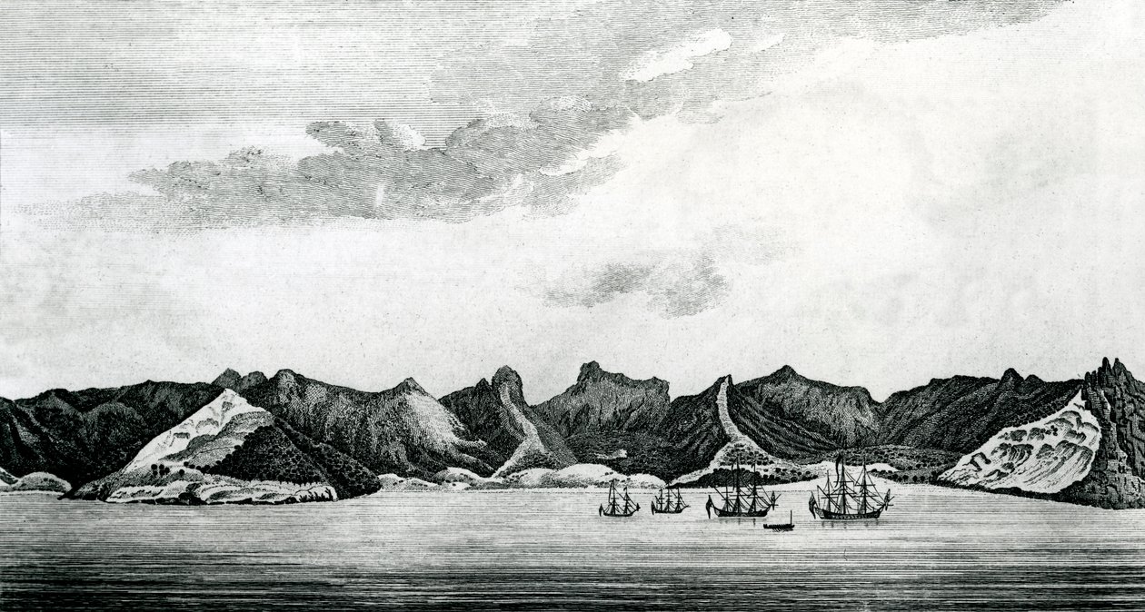 Vista de la Bahía de Cumberland en la isla de Juan Fernández, c.1745 (grabado) de J. S. Mason