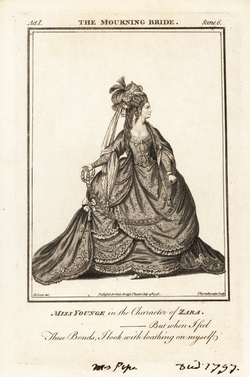 La señorita Elizabeth Younge en el personaje de Zara en The Mourning Bride de William Congreves de J. Thornthwaite