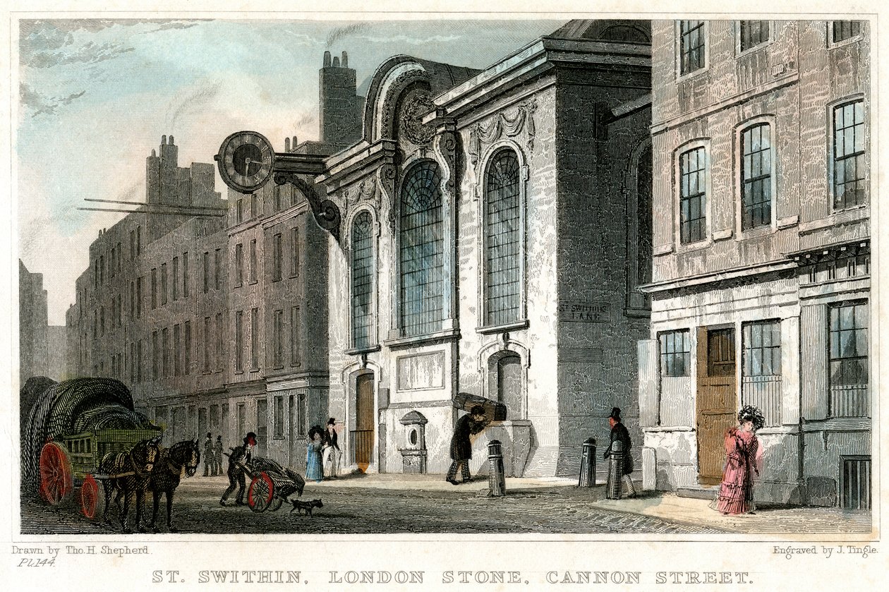 Iglesia de San Swithin y la Piedra de Londres, Cannon Street, Ciudad de Londres, c1830 de J. Tingle