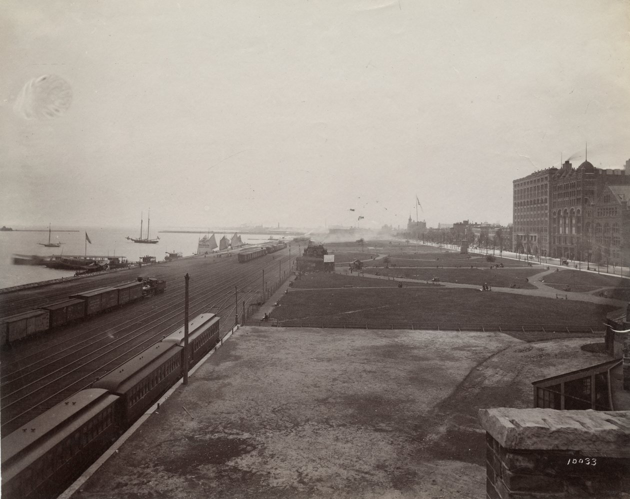Vista al sur de la Avenida Michigan desde el lado oeste de las vías del Ferrocarril Central de Illinois, Chicago, c.1890 de J. W. Taylor