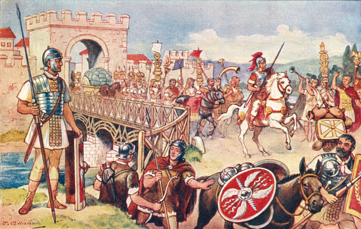 El Imperio Romano: una columna de soldados avanza por un puente. de J. Williamson