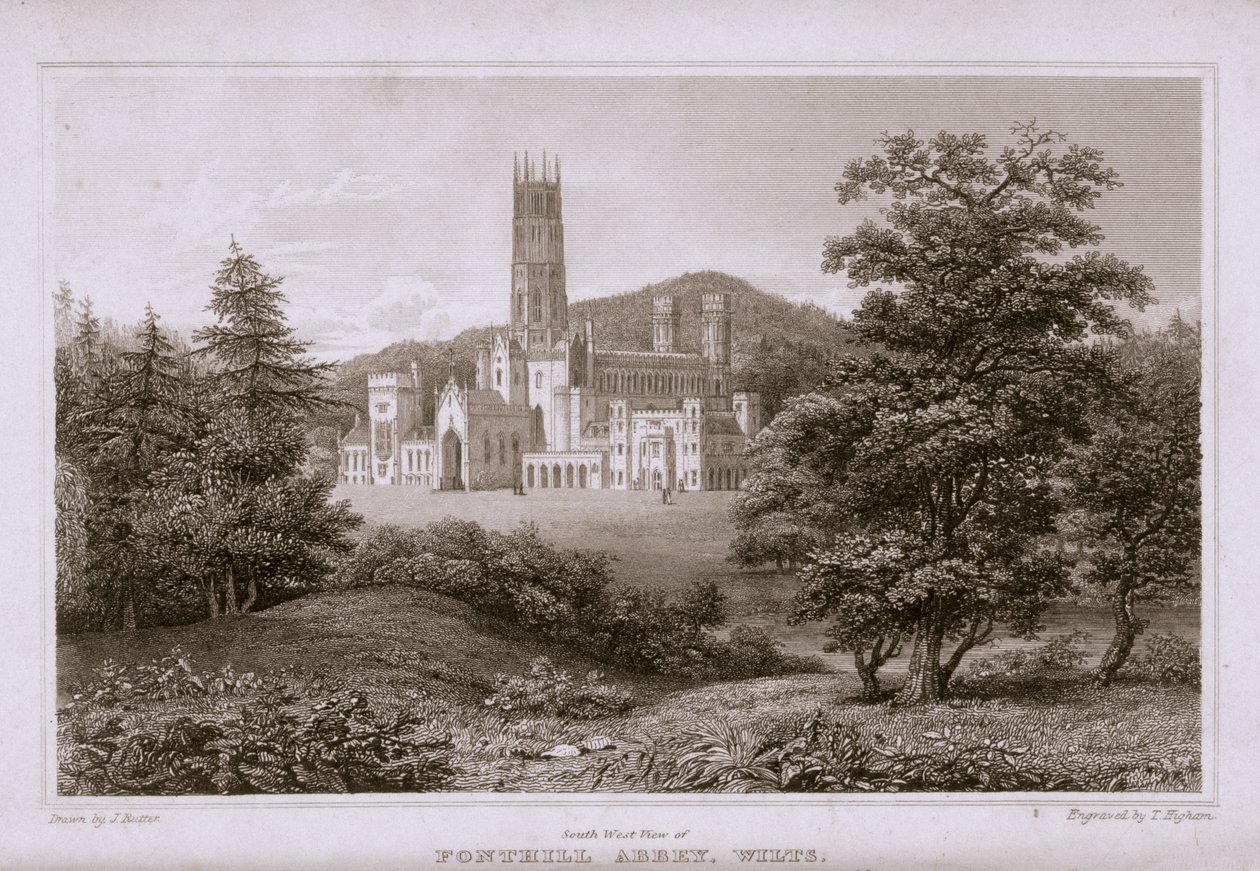 Vista suroeste de la Abadía de Fonthill, grabada por T. Higham, 1823 de J. after Rutter