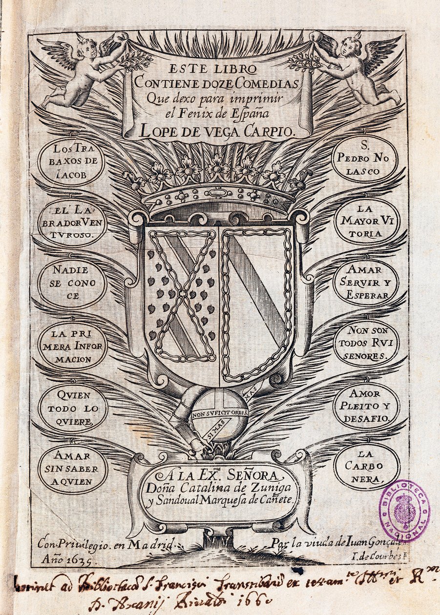 Portadilla de la colección de doce comedias de Félix Lope de Vega Carpio (1562-1635) de J. de (after) Courbes