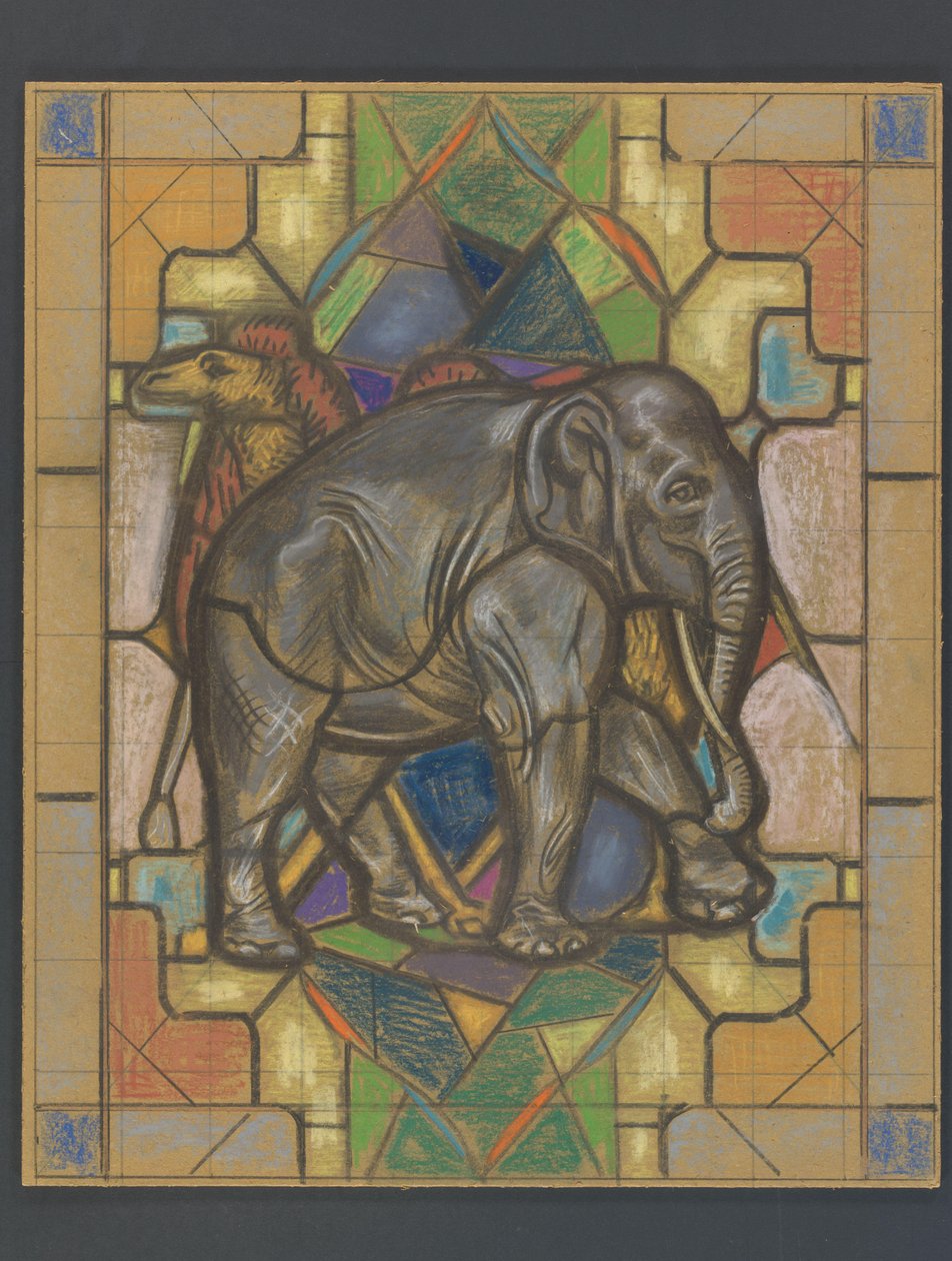 Diseño para una vidriera con un elefante y un camello de Jaap Weyand