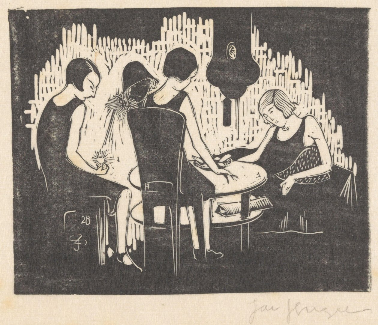 Cuatro mujeres sentadas en una mesa de Jac Jongert (signed by artist)