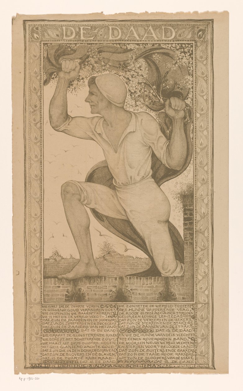 Hombre con pancarta y rama de flor
La escritura (título sobre el objeto) de Jac Jongert
