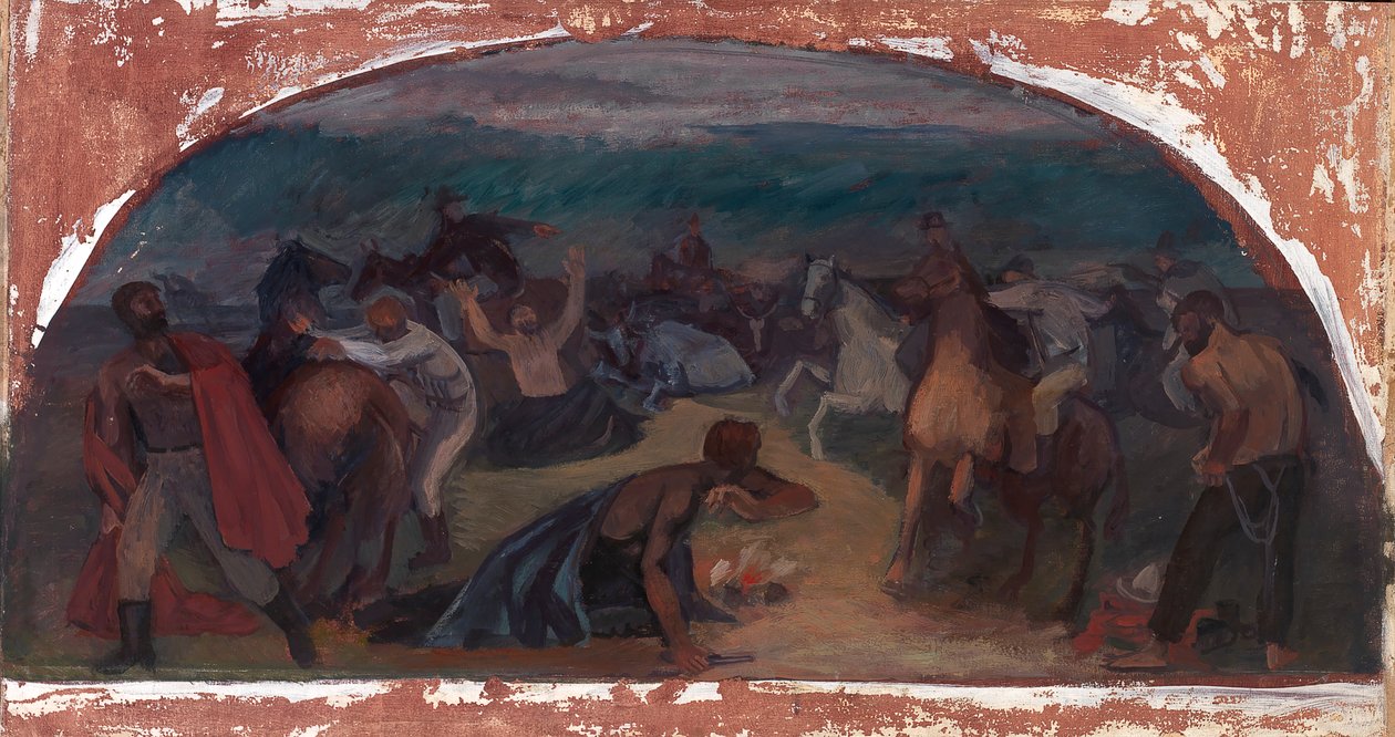 Ladrones de Ganado Sorprendidos por la Posse, estudio mural, Oficina de Correos de Burns, Oregón, 1941 de Jack Wilkinson