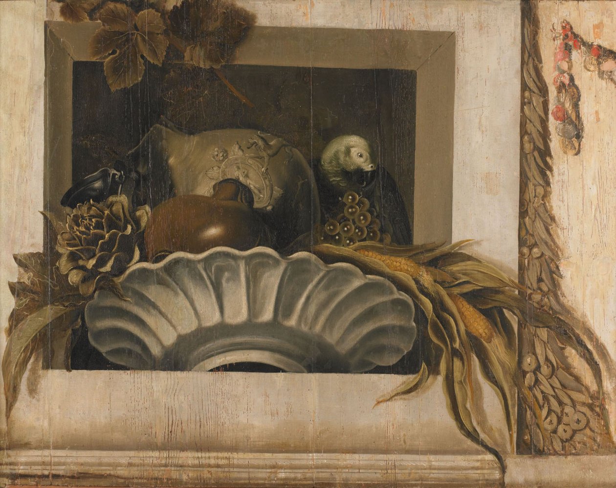 Bodegón de verduras y un loro en un nicho de Jacob van Campen