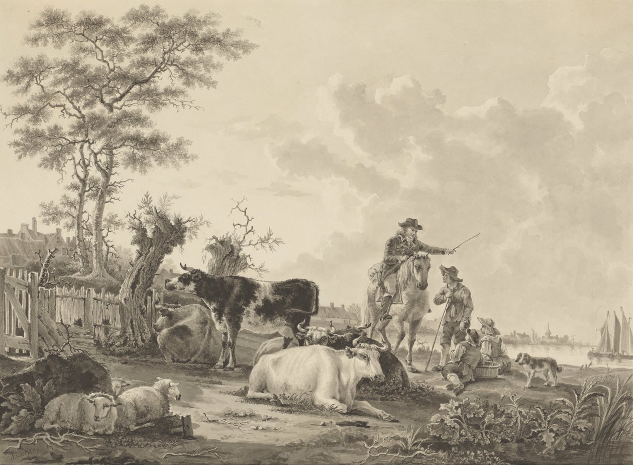 Paisaje con ganado, ovejas y pastores de Jacob van Strij