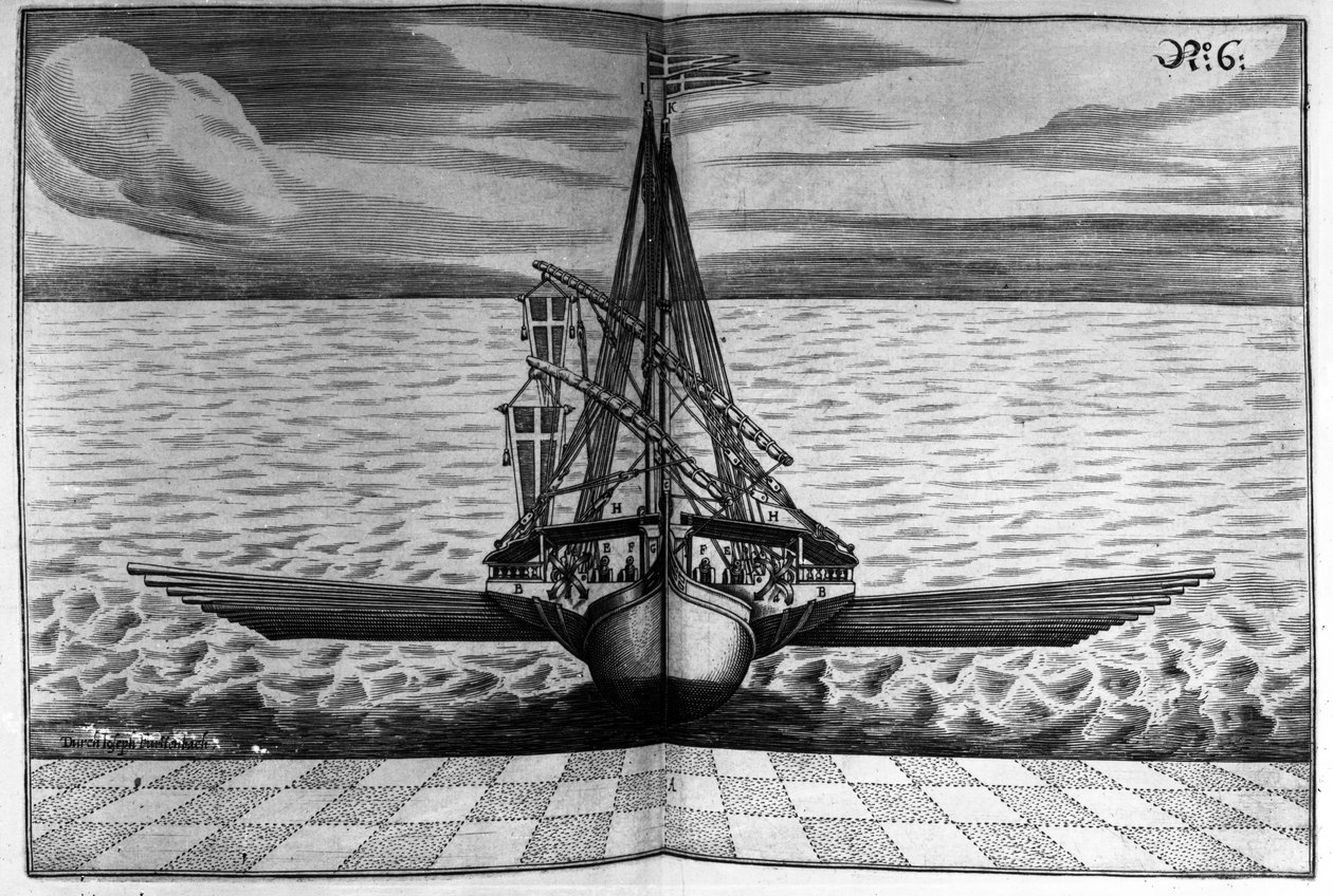 Vista frontal de un buque de guerra con dos mástiles, ilustración de 