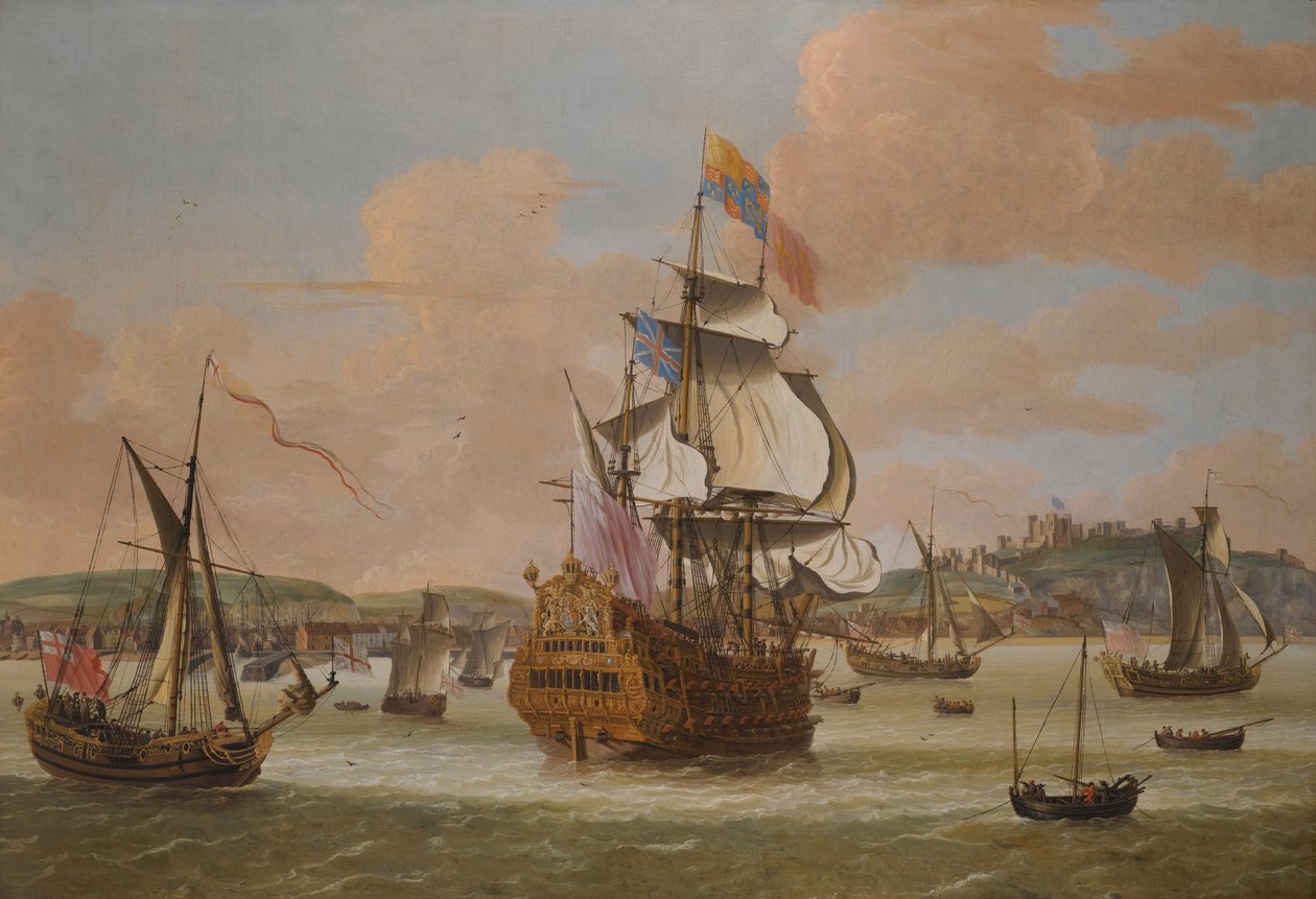 Carlos II y Jacobo, Duque de York, a bordo del H.M.S. Triumph, con tres yates reales de Dover de Jacob Knijff