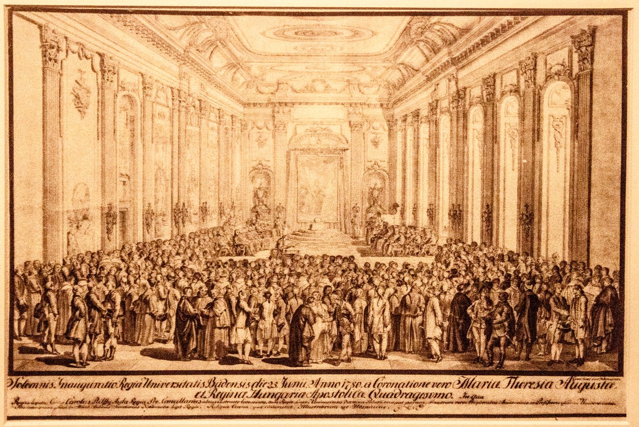 Ceremonia de apertura de la universidad en la sala de estado del palacio de Buda, 25 de junio de 1780 de Jacob Mathias Schmutzer
