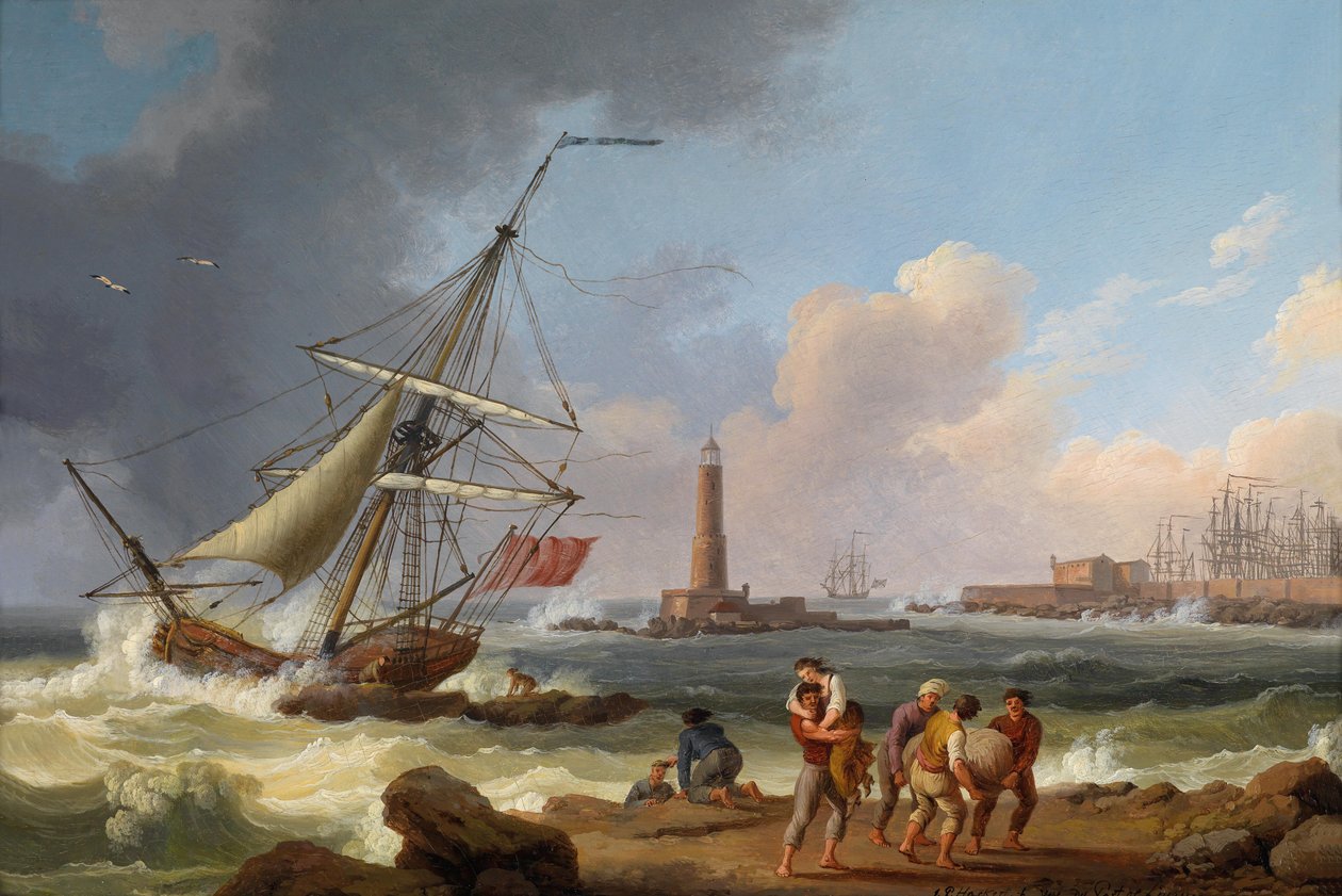 El puerto de Livorno con el rescate de náufragos de Jacob Philippe Hackert