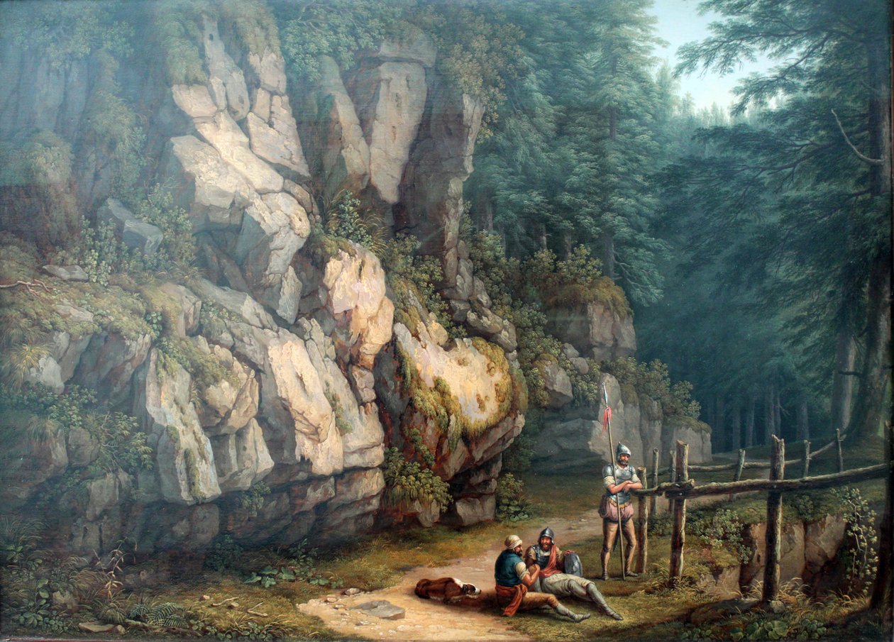 Dos guerreros en un paisaje de árboles y rocas de Jacob Philippe Hackert