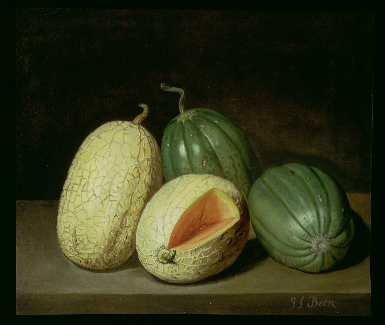 Naturaleza muerta con melones en un borde de Jacob Samuel Beck