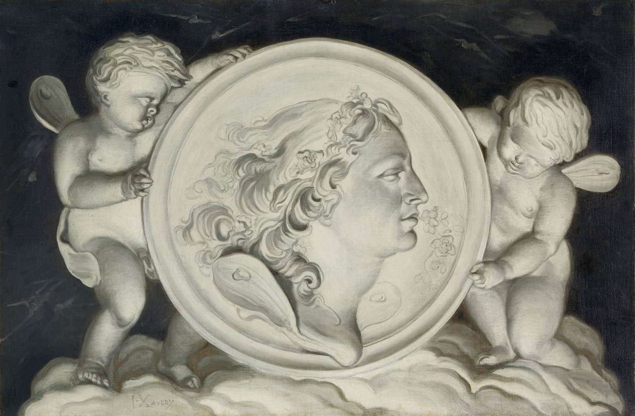 Céfiro en un medallón pintado sostenido por putti flotando en las nubes de Jacob Xavery