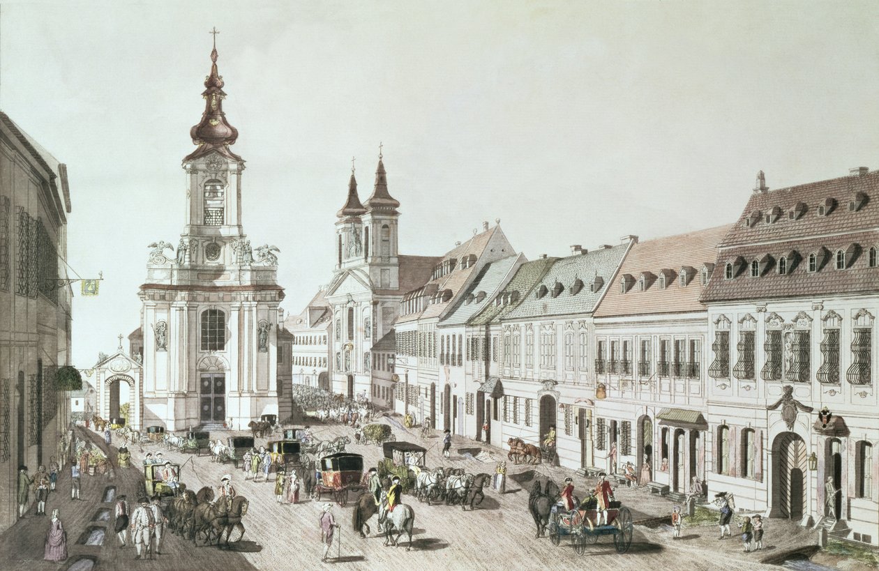 La iglesia parroquial y el cementerio de Fauxbourg, grabado por el artista de Jacob Ziegler