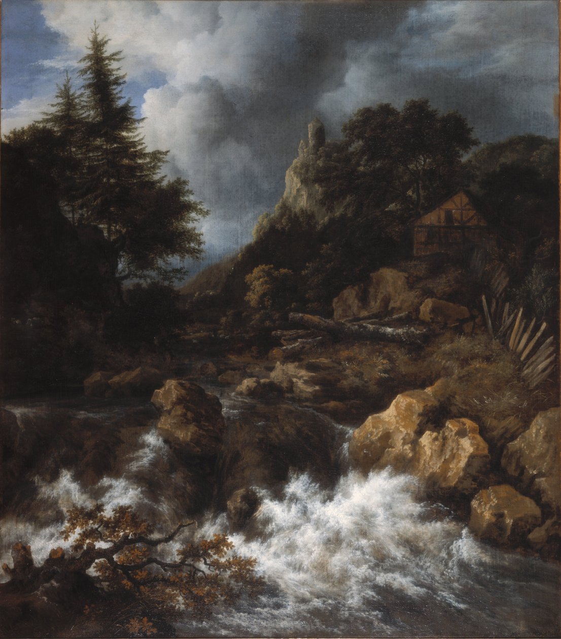 Cascada con una casa de entramado de madera y castillo de Jacob van Ruisdael