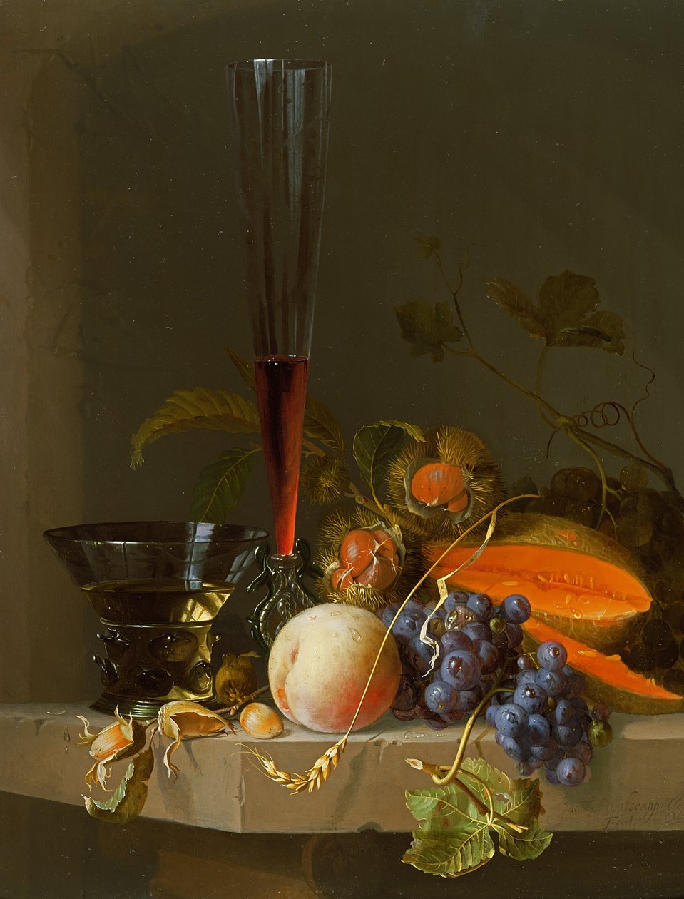Bodegón de frutas en un estante con un roemer y una copa de vino de Jacob van Walscapelle