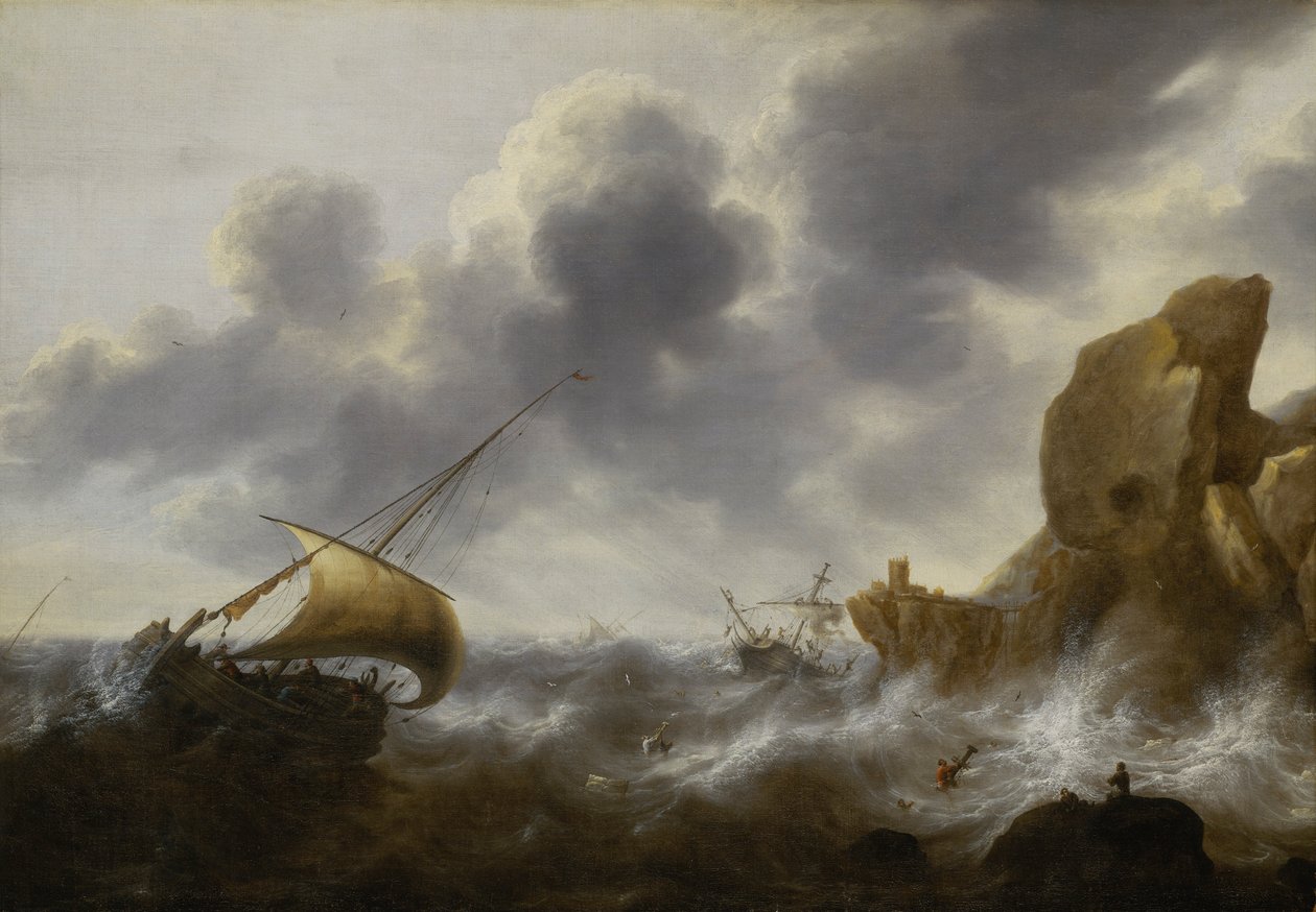 Barco de pesca en una costa rocosa con un naufragio, c.1664-65 (óleo sobre tabla) de Jacob Adriaensz. Bellevois