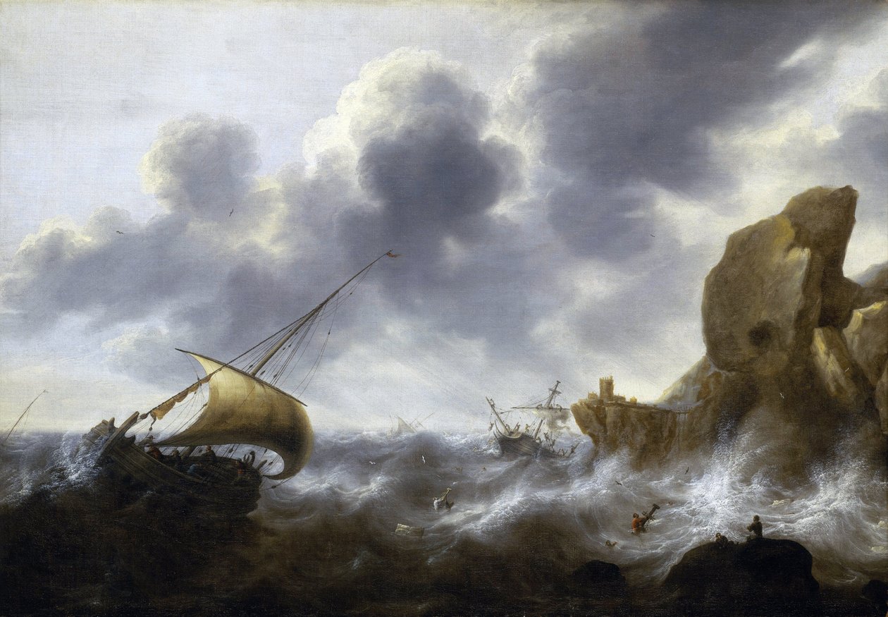 Un barco pesquero atrapado en una tormenta cerca de una costa rocosa, con un naufragio. Óleo sobre lienzo de Jacob Adriaensz Bellevois (1621-1675). de Jacob Adriaensz. Bellevois